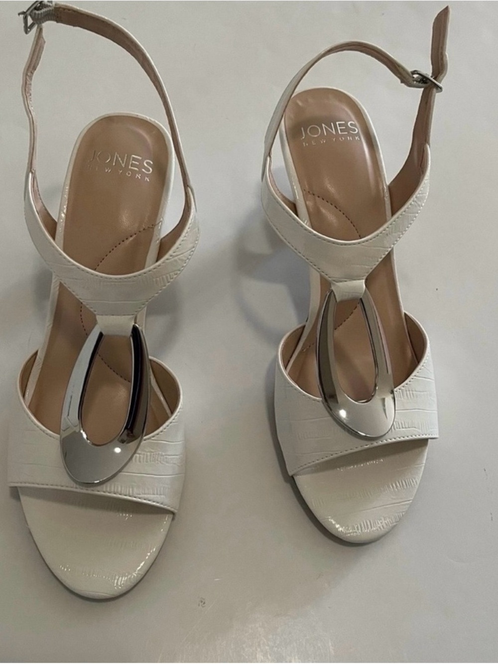 Jones New York White T-Strap Wedge Dress Sandals with Silver Accent